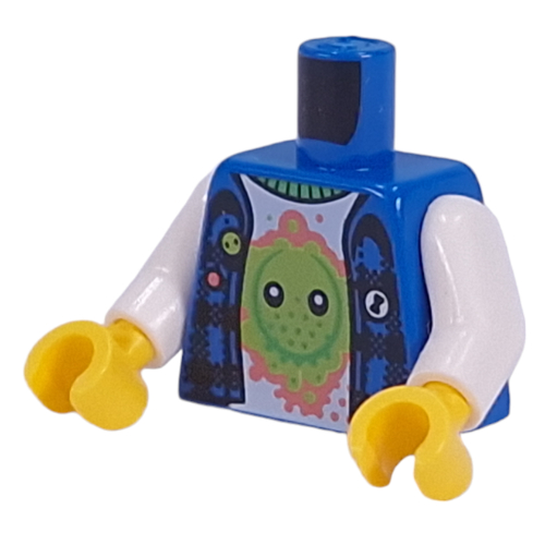 Torso, Sweater, Lime Collar, Lime Z-Blob on Coral Background print, White Arms, Yellow Hands Blau