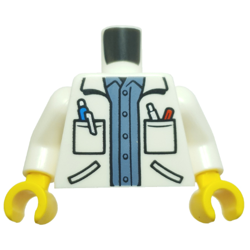 Torso, Doctor Coat, Pockets with Pens, Medium Blue Shirt print, White Arms, Yellow Hands White