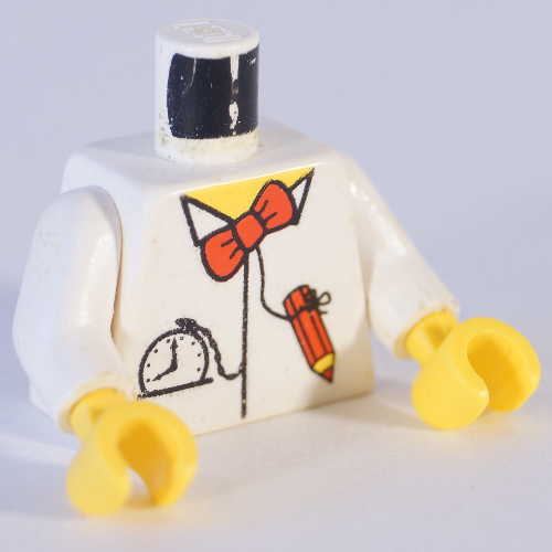 Torso Shirt with Red Bow Tie, Pencil and Pocket Watch Print, White Arms, Yellow Hands Weiß