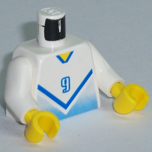 Torso Soccer Shirt with Blue Chevron and '9' Front and Back Print, White Arms, Yellow Hands Weiß
