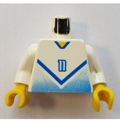 Torso Soccer Shirt with Blue Chevron and '11' Front and Back Print, White Arms, Yellow Hands Weiß
