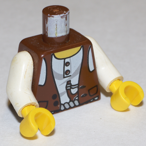 Torso Vest over White Shirt, Slingshot / LEGO Logo on Back Print, White Arms, Yellow Hands Braun