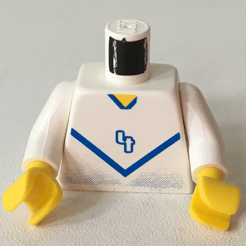 Torso Soccer Shirt with Blue Chevron and '8' Front and Back Print, White Arms, Yellow Hands Weiß