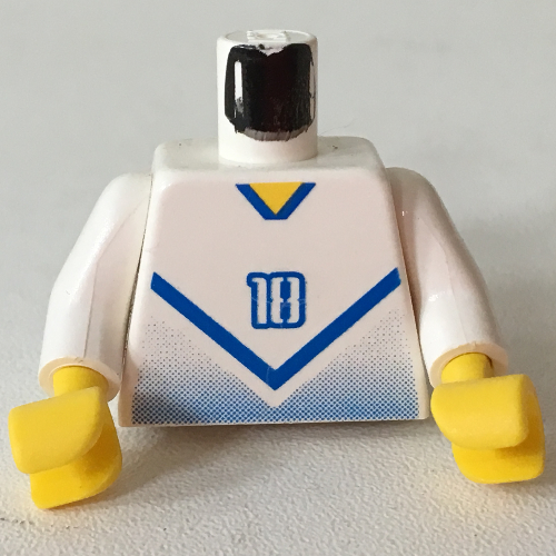 Torso Soccer Shirt with Blue Chevron and '18' Front and Back Print, White Arms, Yellow Hands Weiß