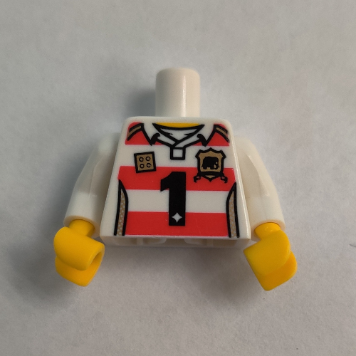 Torso Horizontal Red Stripes with Black '1' and Golden Brick and Shield Print, White Arms, Yellow Hands White