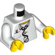 Torso Hospital Lab Coat, Open Collar, Stethoscope, Pocket Pen and Thermometer Print, White Arms, Yellow Hands White