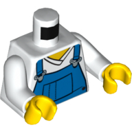 Torso V-Neck Shirt with Blue Overalls, Front Pocket Print, White Arms, Yellow Hands Weiß
