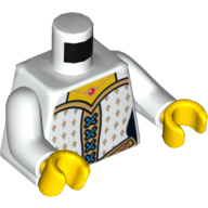 Torso Corset with Gold Diamonds, Blue Laces, Gold Belt and Necklace with Red Round Jewel Print, White Arms, Yellow Hands Weiß