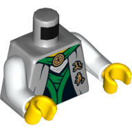 Torso Robe with Green Sash, Asian Characters and Gold Snake Emblem Print, White Arms, Yellow Hands Light Bluish Gray