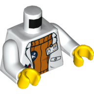 Torso Lab Coat with Pockets and ID Badge over Orange Sweater / Arctic Explorer Logo Back Print, White Arms, Yellow Hands Weiß