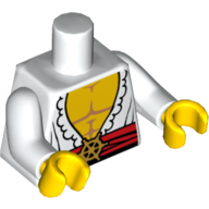 Torso Open Shirt with Frills, Red Waist Sash and Gold Helm Buckle Print, White Arms, Yellow Hands Weiß
