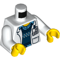 Torso Lab Coat with Pockets over Blue Vest and Shirt, ID Badge with Ultra Agents Logo Print (Christina Hydron), White Arms, Yellow Hands Weiß