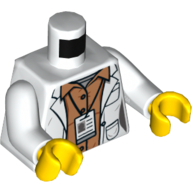 Torso Lab Coat with Pockets and ID Badge over Orange Shirt Print, White Arms, Yellow Hands White