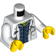 Torso Lab Coat with Pockets and ID Badge over Plaid Shirt and Lime Top / 'AC RESEARCH' on Back Print, White Arms, Yellow Hands Weiß