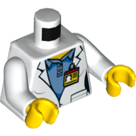 Torso Lab Coat over Medium Blue Shirt, ID Badge / Space Shuttle Logo on Back Print, White Arms, Yellow Hands White