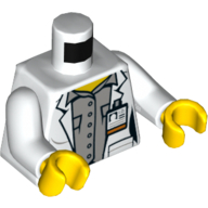 Torso Lab Coat, Id Card, Light Grey Shirt, Buttons Print, White Arms, Yellow Hands Weiß