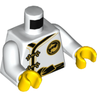 Torso Robe with Gold Frog Clasps and Knotted Black Sash, Small Gold Emblem / Large on Back Print (Sensei Wu), White Arms, Yellow Hands White