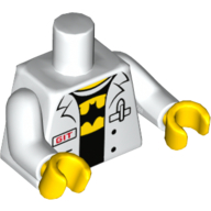 Torso Open Lab Coat, Red 'GIT' Badge and Pocket with Pen, over Black Shirt with Batman Symbol in Yellow Oval Print, White Arms, Yellow Hands White