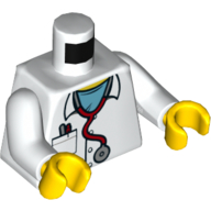 Torso Lab Coat, Stethoscope, Pocket, Pens, Blue Shirt Print, White Arms, Yellow Hands White