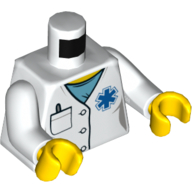 Torso Lab Coat, Blue Shirt, Blue Star of Life, Pocket, Pen Print, White Arms, Yellow Hands Weiß