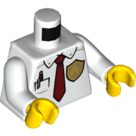 Torso Shirt, Pocket with Pen, Dark Red Tie, Gold Fire Badge Print, White Arms, Yellow Hands White