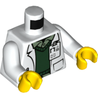 Torso, Lab Coat, ID Badge, Dark Green Sweater, Sand Green Shirt print, White Arms, Yellow Hands White