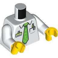 Torso, ID Badge, Pens in Pocket, Bright Green Tie print, White Arms, Yellow Hands White