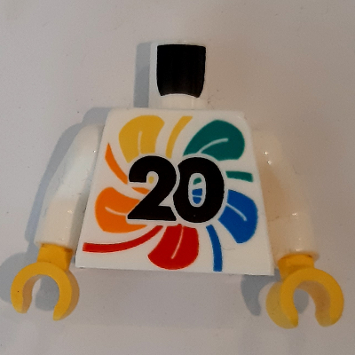 Torso with Multi-colored Flower, '20', 'LEGO World 2023' on Back print, White Arms, Yellow Hands White
