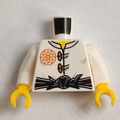 Torso Robe, Clasps, Tied Black Sash Belt, Orange Flower Emblem on Chest / Pipe in Waistline on Back Print, White Arms, Yellow Hands White