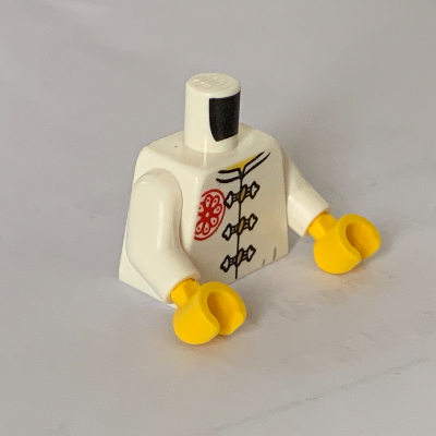 Torso Gi with 3 Gold Frog Clasps, Red Flower Symbol on Lapel and Back Print (Teen Wu), White Arms, Yellow Hands White