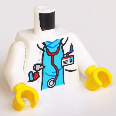 Torso Hospital Lab Coat, Medium Azure Scrubs, ID Badge and Stethoscope Print, White Arms, Yellow Hands Weiß