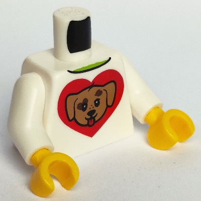 Torso with Dog Head and Red Heart, Dark Brown Dog Paws Print, White Arms, Yellow Hands White