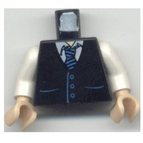 Torso Vest with Pockets and Blue Striped Tie Print, White Arms, Light Nougat Hands Black