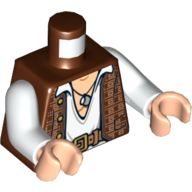 Torso Vest with Gold Design with White Open Shirt, Belt and Pendant Print, White Arms, Light Nougat Hands Reddish Brown
