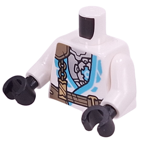 Torso, Ninja Robes, Medium Azure Trim, Dark Tan Strap, Gold Chain, Silver Armor print, White Arms, Black Hands Weiß
