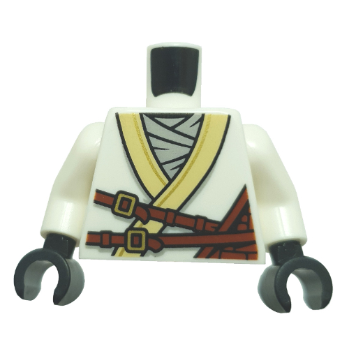 Torso, Ninja Robe, Gold Trim, Light Bluish Grey Shirt, Reddish Brown Straps, Gold Lion on Back print, White Arms, Black Hands White
