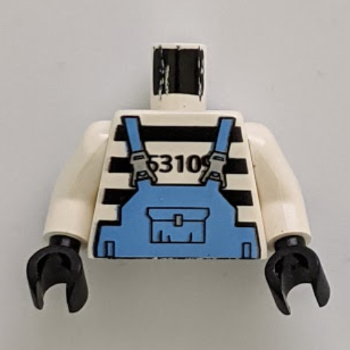Torso Prison Shirt with Stripes and Medium Blue Overalls Print, White Arms, Black Hands Weiß