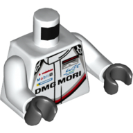 Torso Race Suit with 'PORSCHE DMG MORI' and Black, Red and Light Bluish Gray Stripe on Front and Back Print, White Arms, Black Hands White