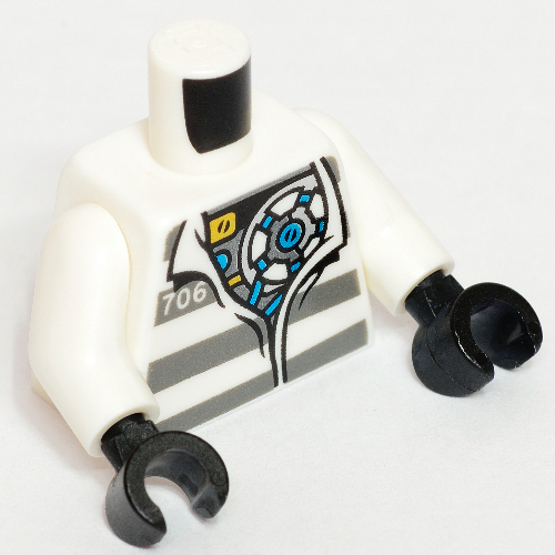 Torso Prison Shirt with Dark Bluish Gray Stripes, Open Shirt with '706' over Mechanical Body / Black Shoulder Blade Lines on Back Print, White Arms, Black Hands White