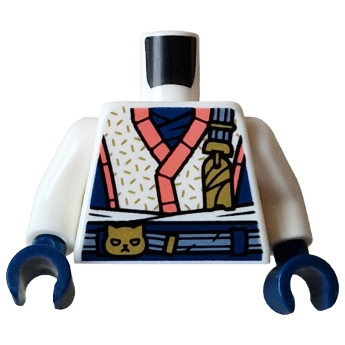 Torso, Ninja Robes, Dark Blue/Coral Trim, Dark Blue Belt, Gold Cat print, White Arms, Dark Blue Hands White