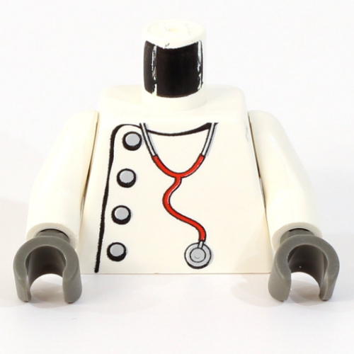 Torso Lab Coat, Gray Buttons, Stethoscope Print (Mad Scientist), White Arms, Dark Gray Hands White