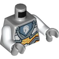 Torso Armor with Orange and Gold Circuitry and Emblem with White Horse Print, White Arms, Light Bluish Gray Hands Hellblaugrau