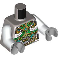 Torso, Tunic, Bright Green/Gold/Dark Turquoise Decorations print, White Arms, Light Bluish Gray Hands Flat Silver