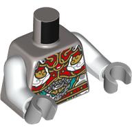 Torso, Tunic, Dark Red/Gold/White/Dark Turquoise Decorations print, White Arms, Light Bluish Gray Hands Flat Silver