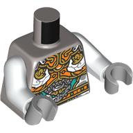 Torso, Gold/Orange/Dark Turquoise Asian Decorations print, White Arms, Light Bluish Gray Hands Flat Silver