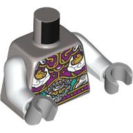 Torso, Gold/Dark Purple/Dark Turquoise Asian Decorations print, White Arms, Light Bluish Gray Hands Flat Silver