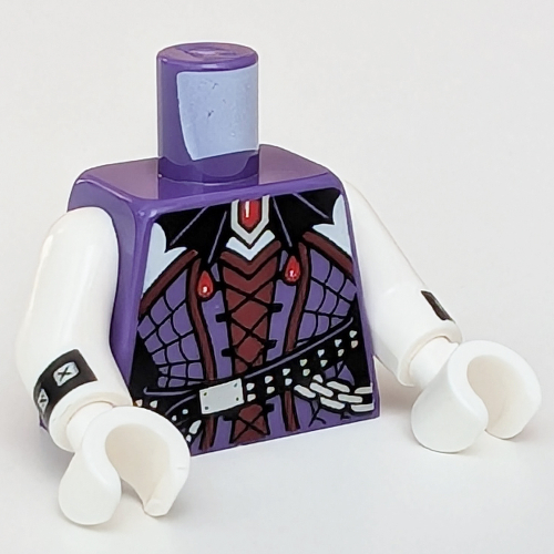 Torso Corset, Dark Red Trim, Bat Wings as Collar, Black Belt, Chain print, White Arms and Hands Dark Purple