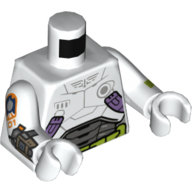 Torso Spacesuit, Dark Bluish Gray Panels, Lime Utility Belt Print, (Buzz Lightyear) White Arms and Hands with Lime Stripe on Left and Dark Bluish Gray Device on Right Print Weiß