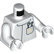 Torso Lab Coat with Pocket with Dentist Mirror and Pick and Gold Tooth Print, White Arms and Hands White