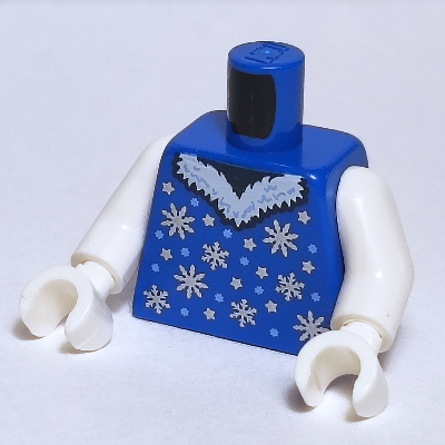 Torso Jacket, White Fur Trim, White and Silver Snowflakes Print, White Arms and Hands Blue